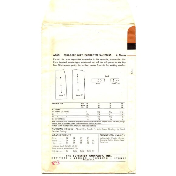 Butterick 6365 Vintage Sewing Pattern 4-Gore Skirt Empire Waist 24" Waist 33" Hi - Picture 2 of 4